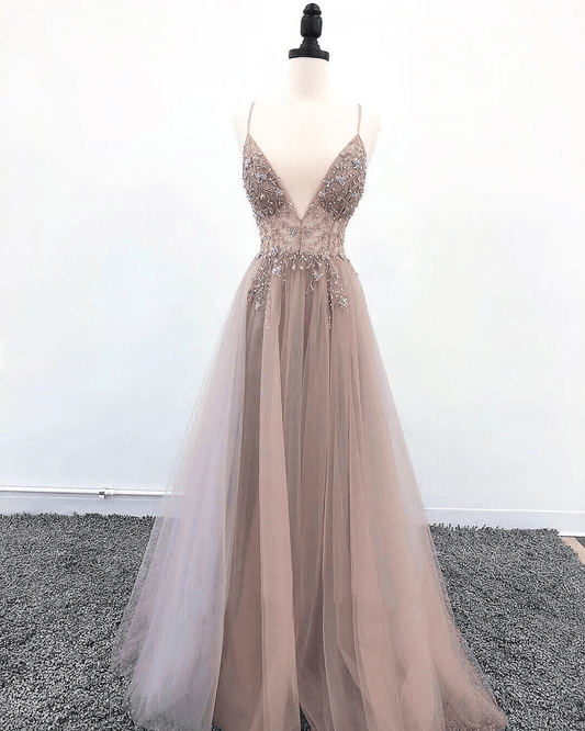 Beaira Tulle V-neckline Straps Beaded Low Back Long Formal Dress Tulle Prom Dress prom dresses shops