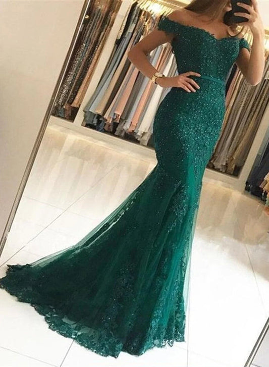 Beaira Dark Green Mermaid Off Shoulder Party Dress with Lace Mermaid Prom Dress prom dresses shops