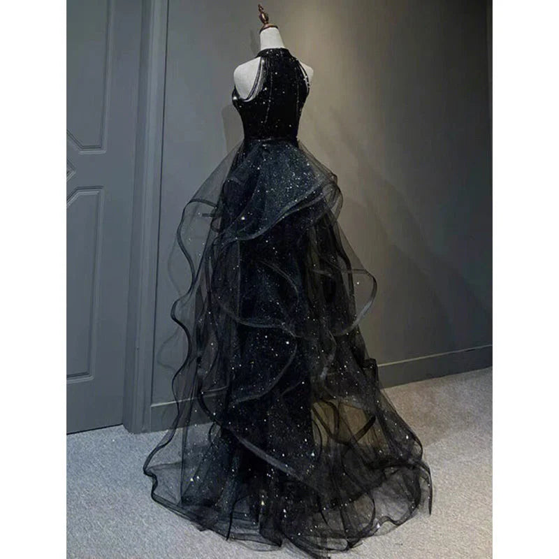 Beaira High Neckline Black Halter Shiny Tulle And Sequins Party Dress Black Tulle Prom Dress prom dresses shops