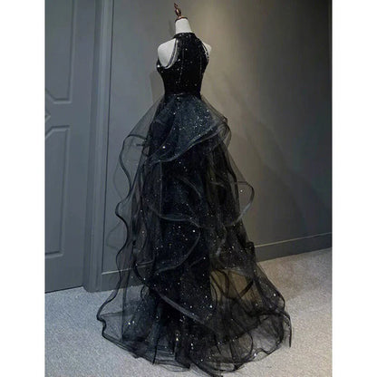 Beaira High Neckline Black Halter Shiny Tulle And Sequins Party Dress Black Tulle Prom Dress prom dresses shops