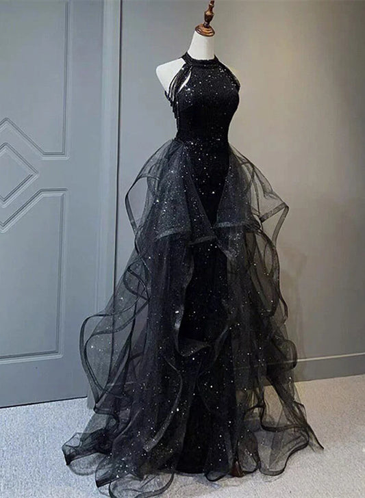Beaira High Neckline Black Halter Shiny Tulle And Sequins Party Dress Black Tulle Prom Dress prom dresses shops