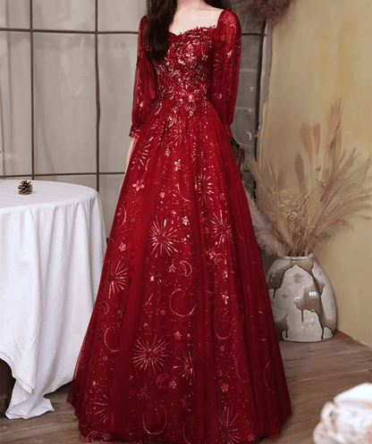 Beaira Wine Red Tulle with Lace Puffy Sleeves Prom Dress A-line Wine Red Bridesmaid Dress prom dresses shops