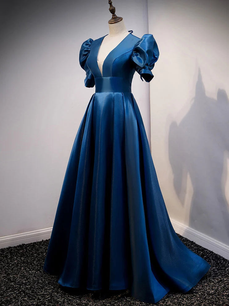 Beaira Blue Satin V-neckline Short Sleeves Party Dress Blue A-line Evening Dress prom dresses shops
