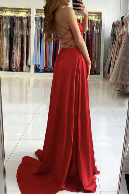 Beaira Red Satin Simple Long V-neckline Prom Dress Red A-line Floor Length Party Dress prom dresses shops