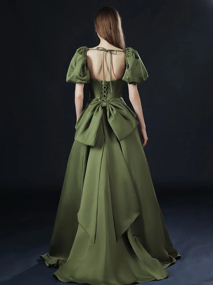 Beaira Dark Green Satin Short Sleeves Party Dress Dark Green Formal Dress prom dresses shops