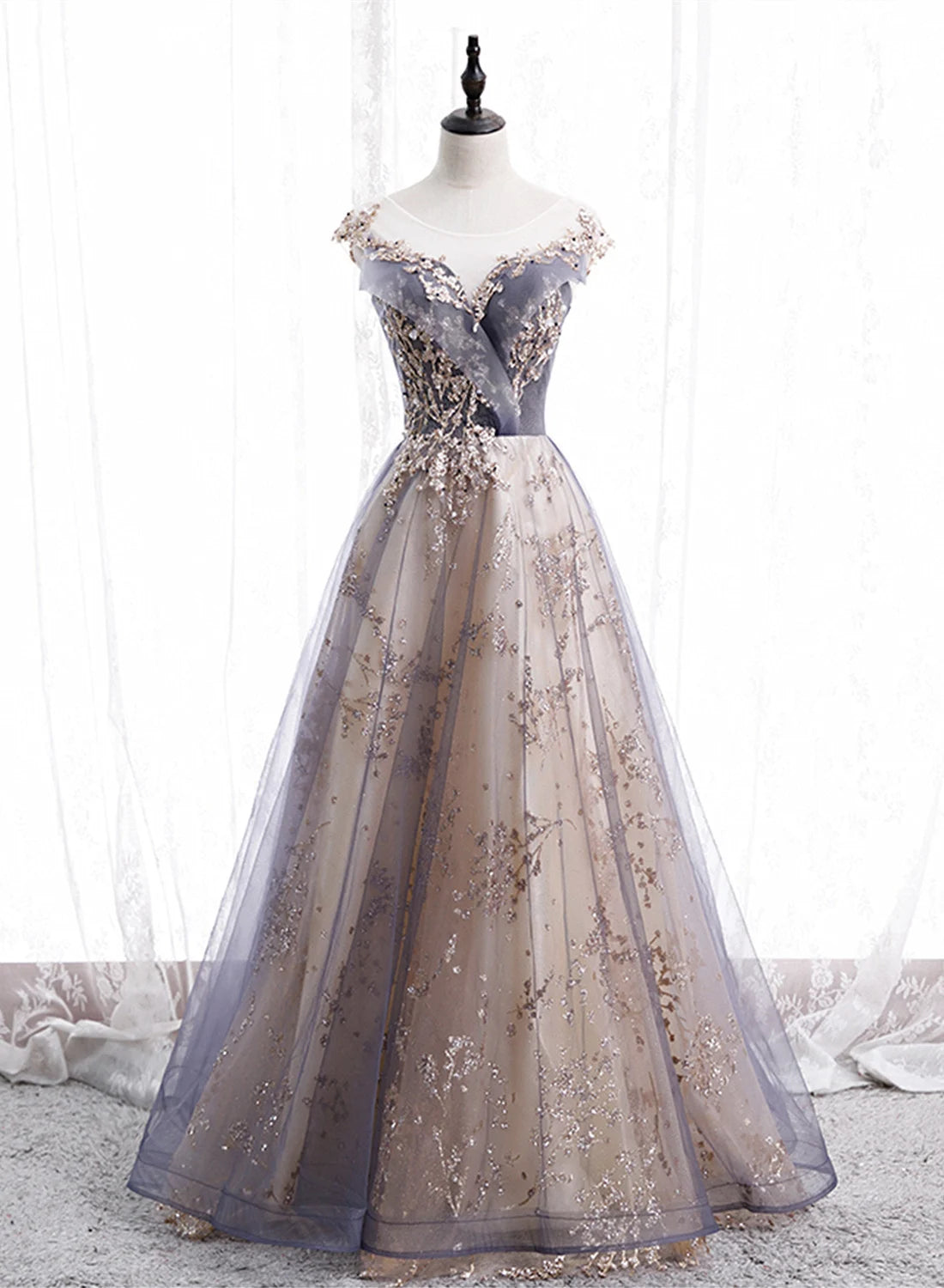 Beaira A-line Tulle with Lace Applique Party Dress Tulle Long Prom Dress prom dresses shops