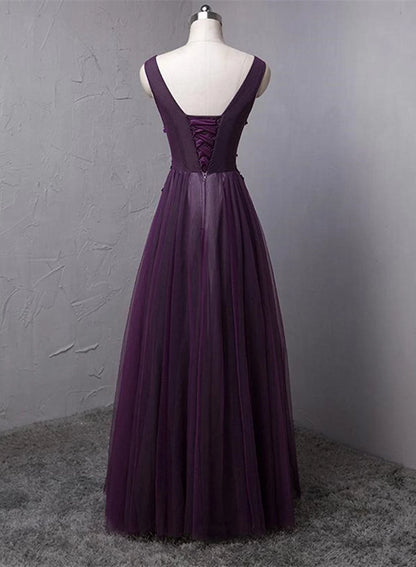 Beaira Dark Purple V-neckline Beaded Tulle Long Formal Dress Purple Evening Dress prom dresses shops