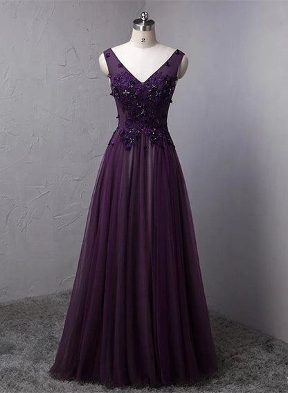 Beaira Dark Purple V-neckline Beaded Tulle Long Formal Dress Purple Evening Dress prom dresses shops
