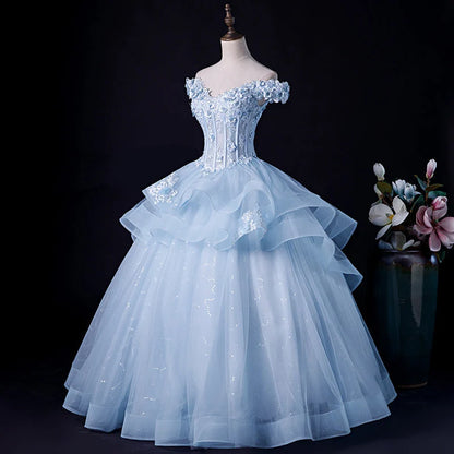 Beaira Light Blue Tulle Ball Gown Off Shoulder Sweet 16 Dress Blue Formal Dress with Lace prom dresses shops