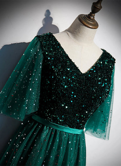 Beaira Green V-neckline Shiny Tulle Long Wedding Party Dresses Green Formal Dresses prom dresses shops