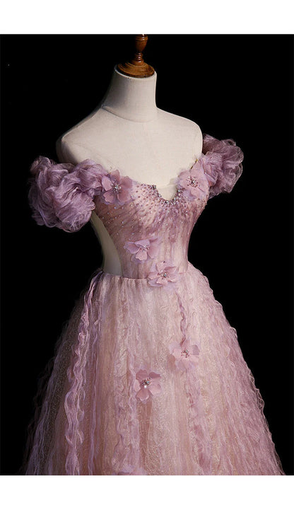 Beaira Pink Tulle Long Off Shoulder Party Dress with Flowers Pink Evening Dress Formal Dress prom dresses shops