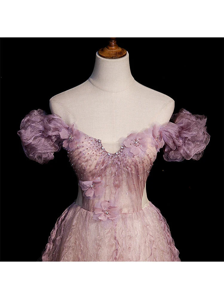 Beaira Pink Tulle Long Off Shoulder Party Dress with Flowers Pink Evening Dress Formal Dress prom dresses shops