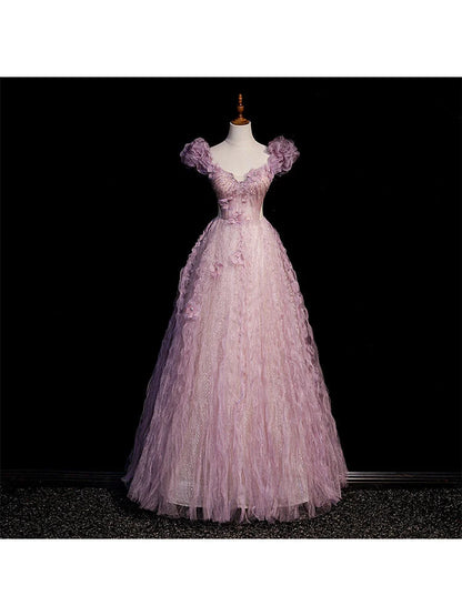 Beaira Pink Tulle Long Off Shoulder Party Dress with Flowers Pink Evening Dress Formal Dress prom dresses shops