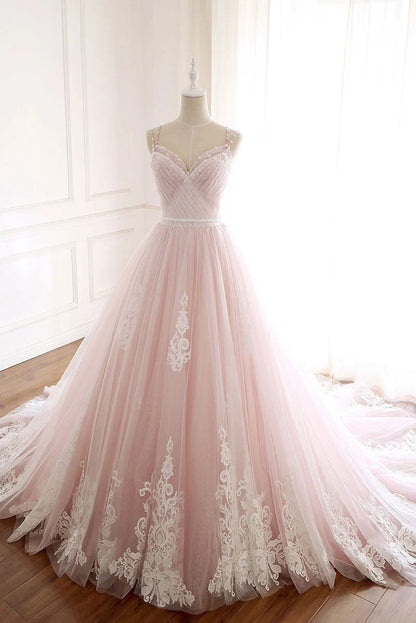 Beaira Pink Elegant Tulle V-neckline Straps Party Dress with Lace Pink Sweet 16 Dress prom dresses shops