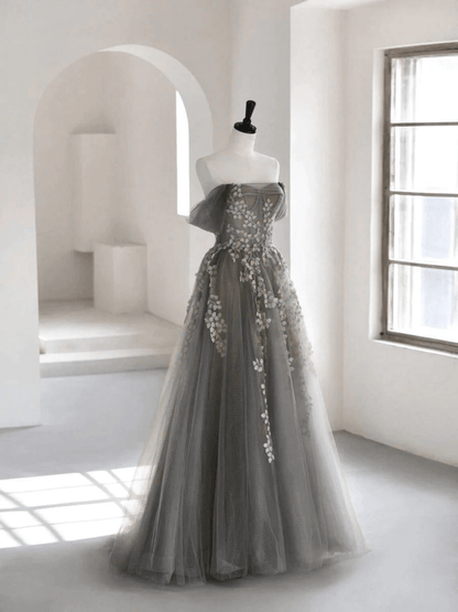 Beaira Grey Off Shoulder Tulle with Lace Applique Long Party Dress Grey Prom Dress prom dresses shops