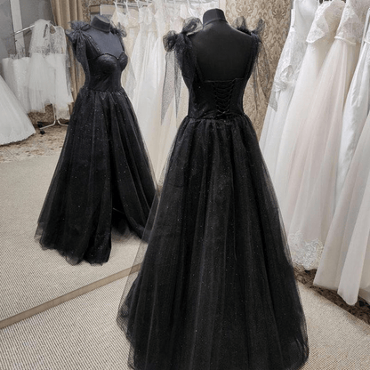 Beaira Black Tulle Floor Length Long Party Dress with Slit Black Evening Dresses prom dresses shops