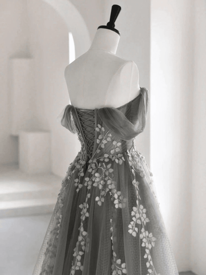 Beaira Grey Off Shoulder Tulle with Lace Applique Long Party Dress Grey Prom Dress prom dresses shops