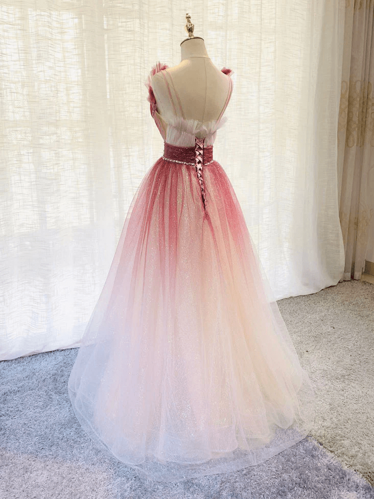Beaira Red Gradient Tulle Beaded Long Party Dress Formal Dress V-neckline Party Dresses prom dresses shops