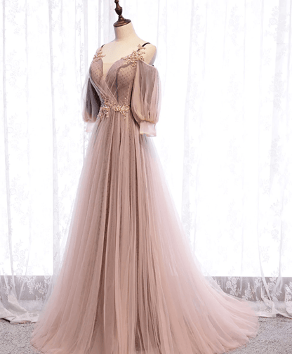 Beaira Long Sleeves Pink Tulle Long Party Dress with Lace Pink Floor Length Prom Dress prom dresses shops