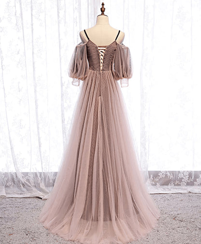 Beaira Long Sleeves Pink Tulle Long Party Dress with Lace Pink Floor Length Prom Dress prom dresses shops