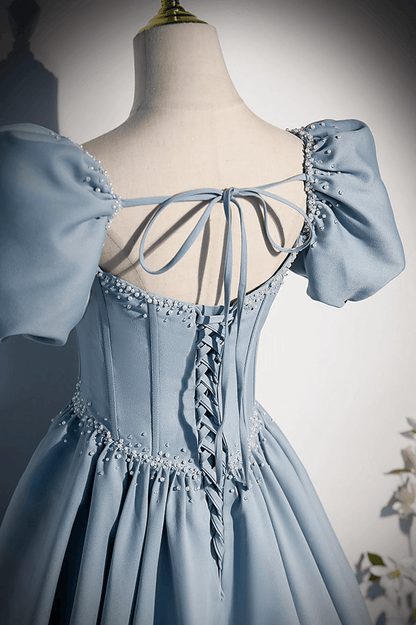 Beaira Blue Satin Long Prom Dress with Pearls Blue Short Sleeves A-line Evening Dress prom dresses shops