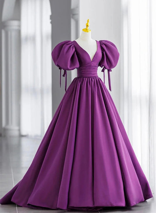 Beaira Purple V-Neck Satin Long Prom Dress A-Line Puff Sleeves Party Dress prom dresses shops