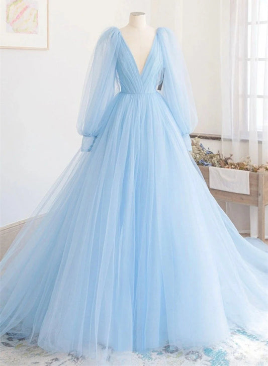 Beaira Blue Puffy Sleeves Tulle Long V-neckline Wedding Party Dress Blue Prom Dress prom dresses shops