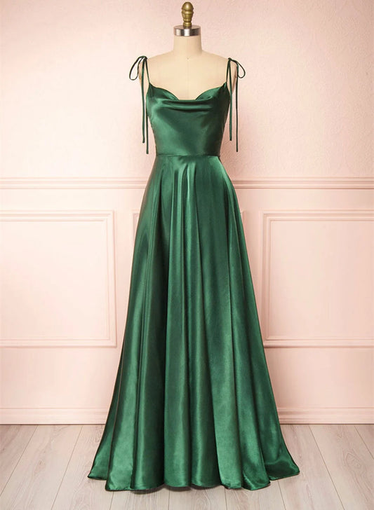 Beaira Green Satin Long A-Line Prom Dress Spaghetti Straps Evening Dress prom dresses shops
