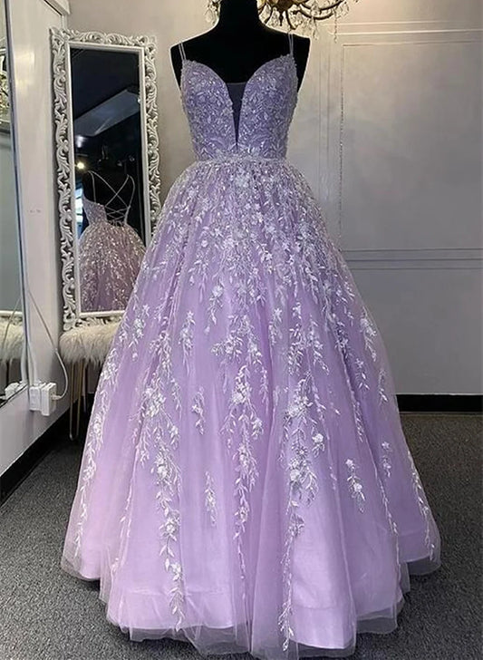 Beaira Lavender Tulle V-neckline with Lace Applique Long Party Dress A-line Prom Dress prom dresses shops