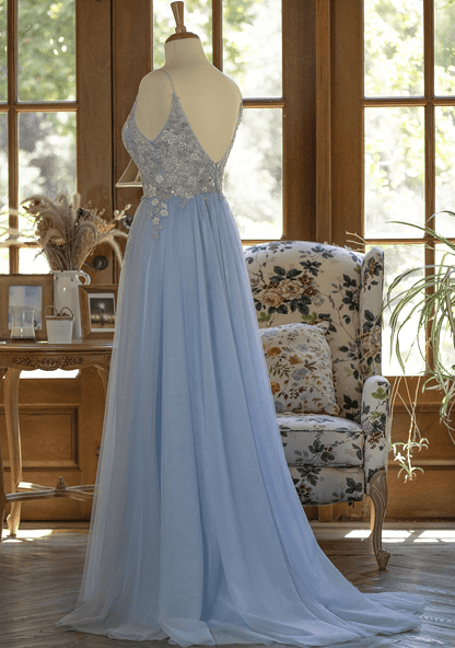 Beaira Blue Spaghetti-Straps Lace Appliques Tulle Prom Dress A-Line Party Dress prom dresses shops