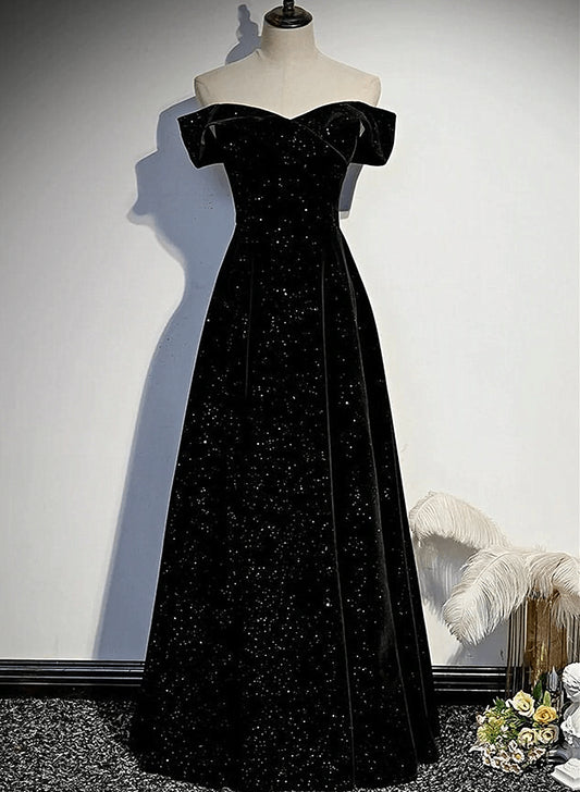 Beaira Velvet Off Shoulder Black Long Party Dress Black Simple Prom Dress prom dresses shops