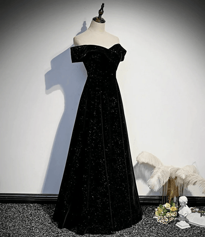 Beaira Velvet Off Shoulder Black Long Party Dress Black Simple Prom Dress prom dresses shops