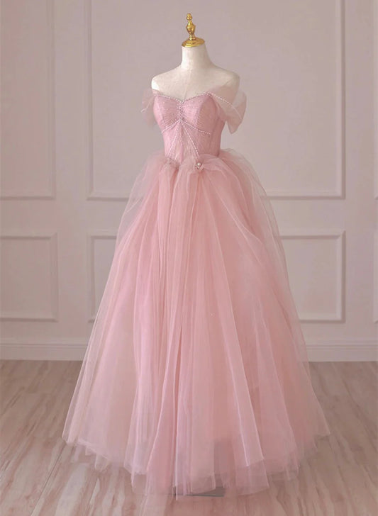 Beaira Cute Pink Tulle Lace Long Prom Dress A-Line Off Shoulder Pink Party Dress prom dresses shops
