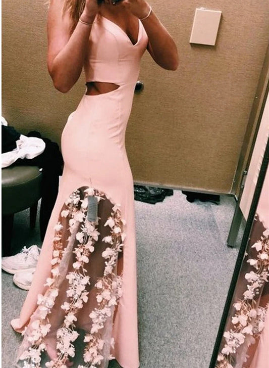 Beaira Pink V-neckline Mermaid Long Prom Dress with Flowers Mermaid Pink Floral Evening Dress prom dresses shops