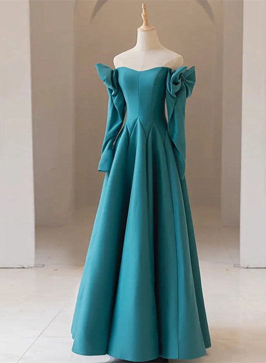 Beaira Teal Blue Long Sleeves with Bow A-line Sweetheart Prom Dress Teal Blue Evening Dress prom dresses shops