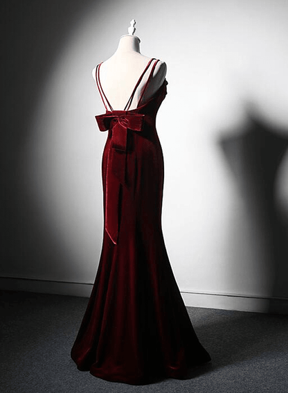 Beaira Wine Red Low Back Mermaid Formal Dress Velvet Straps Long Prom Dress prom dresses shops