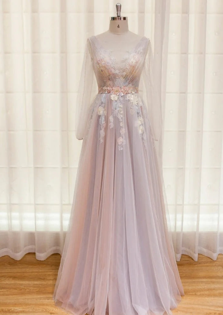 Beaira Elegant Flower Lace Pink Party Dress Sexy V Neck Evening Dress Backless Tulle Prom Dress prom dresses shops