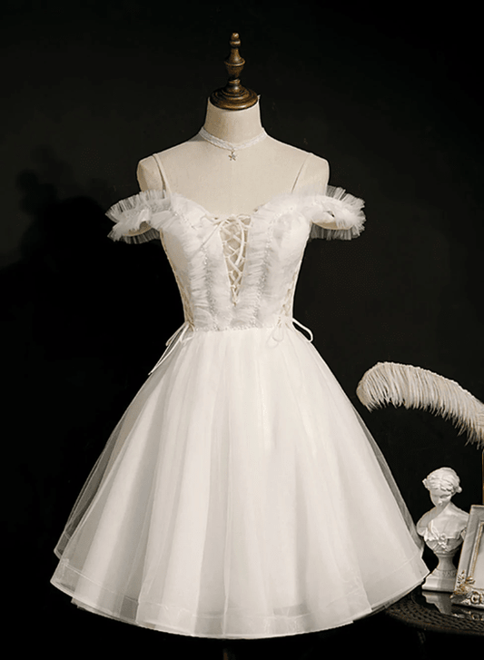 Beaira Cute White Tulle Short Party Dress with Lace Off Shoulder Homecoming Dresses prom dresses shops