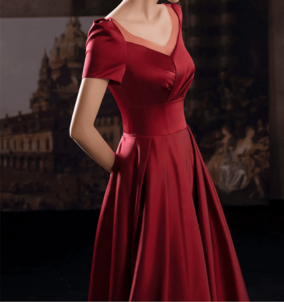 Beaira Wine Red Satin Low Back Lace-up Short Sleeves Party Dress Wine Red Formal Dresses prom dresses shops