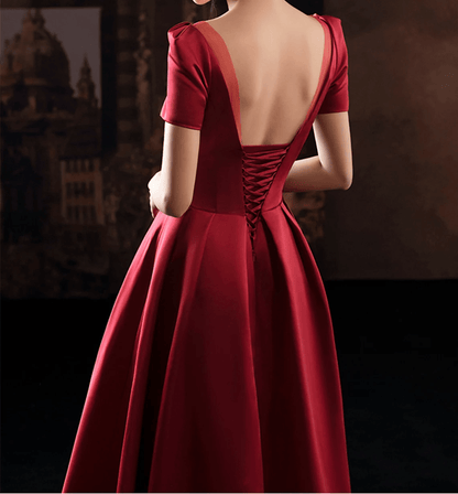 Beaira Wine Red Satin Low Back Lace-up Short Sleeves Party Dress Wine Red Formal Dresses prom dresses shops