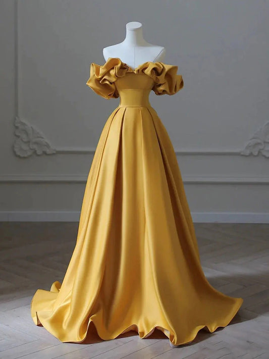 Beaira Gold Satin Long Party Dress A-line Gold Satin Formal Dress Prom Dress prom dresses shops