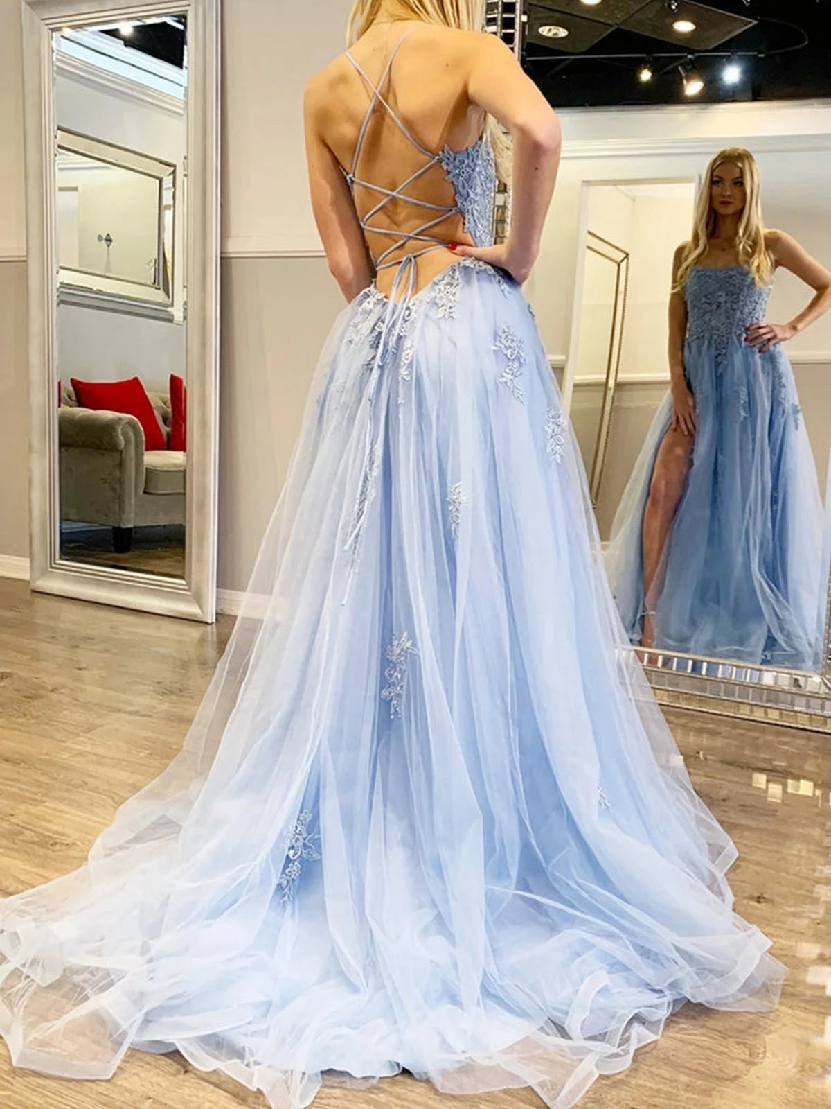 Beaira Blue Tulle Long Party Dress with Lace Applique Lace-up Back Prom Dress prom dresses shops