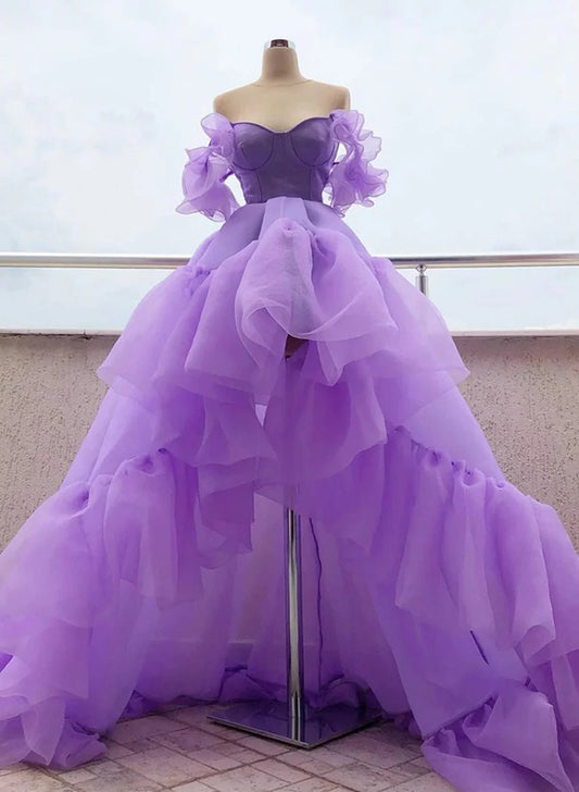 Beaira Purple Organza Off the Shoulder High Low Prom Dress High Low Purple Formal Graduation Dress prom dresses shops