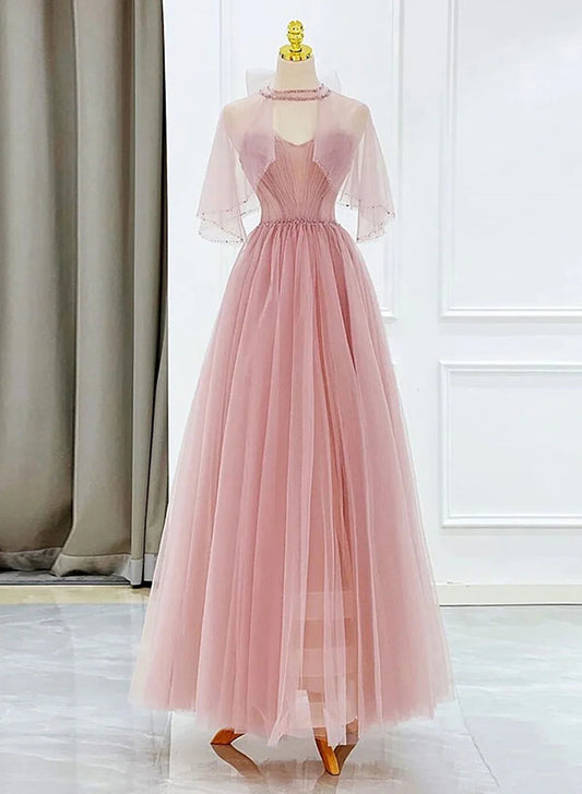 Beaira Pink Tulle Beaded Long Prom Dress Pink Formal Dress Party Dress prom dresses shops