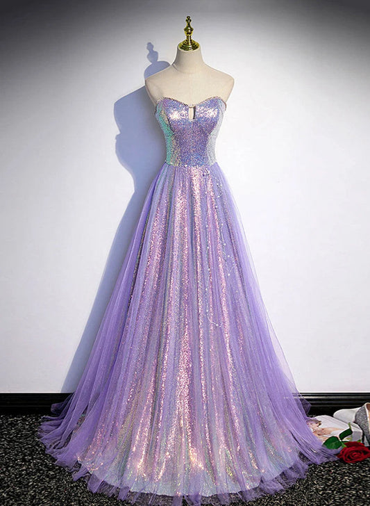 Beaira Lavender Tulle and Sequins Sweetheart Long Pary Dress A-line Prom Dress Formal Dresses prom dresses shops
