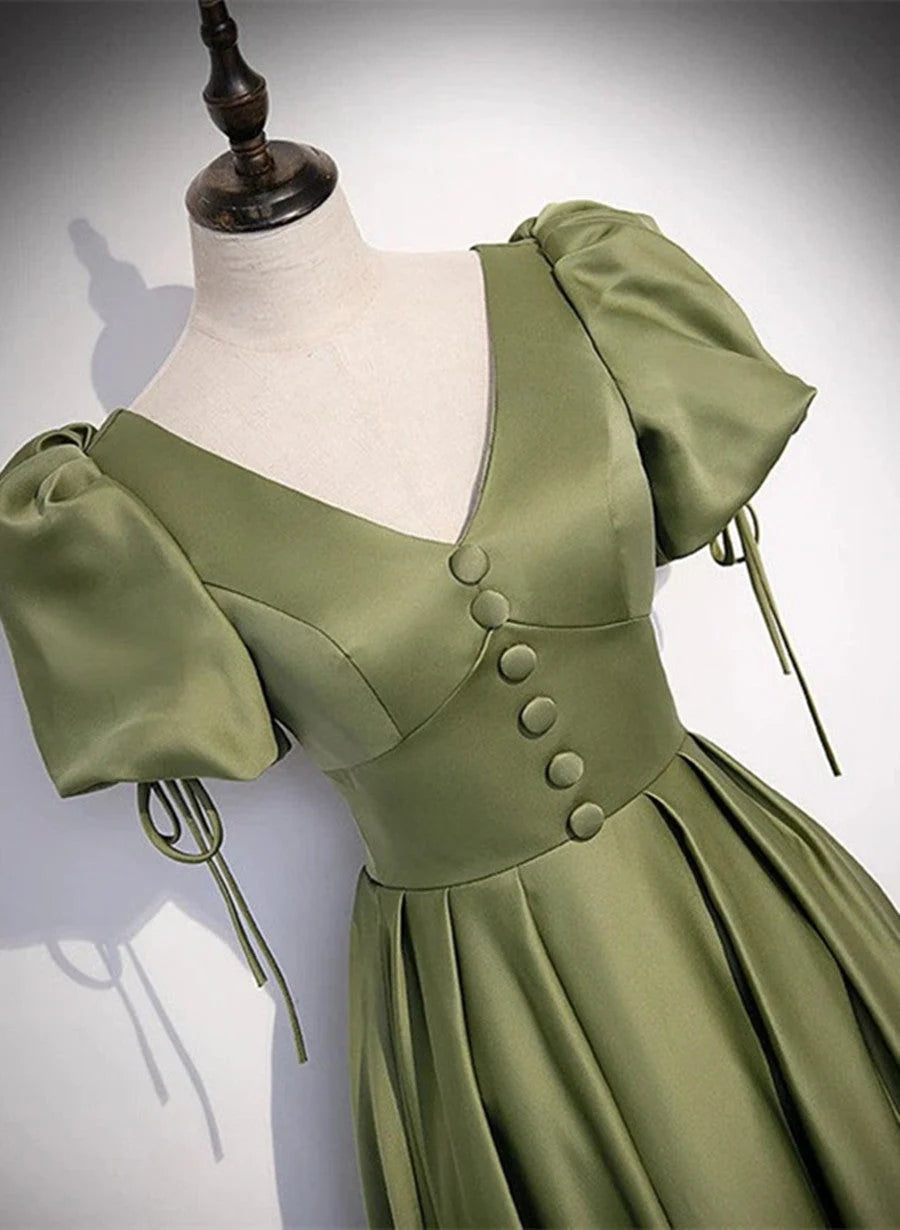 Beaira Green Satin A-line Puffy Sleeves A-line Prom Dress V-neck Simple Long Formal Party Gown prom dresses shops