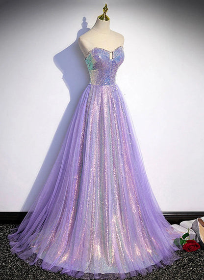 Beaira Lavender Tulle and Sequins Sweetheart Long Pary Dress A-line Prom Dress Formal Dresses prom dresses shops