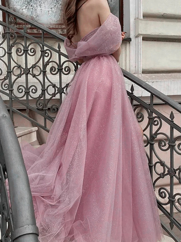 Beaira Pink Tulle Off Shoulder Purple Long Prom Dresses Pink Formal Dresses prom dresses shops