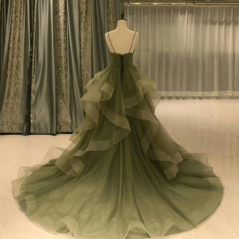 Beaira Green Layers Tulle Straps V-neckline Party Dress Green Long Formal Dress stores with prom dresses