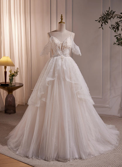 Beaira A-line Ivory Beaded Tulle Long Wedding Party Dress Ivory Tulle Floor Length Prom Dress stores with prom dresses